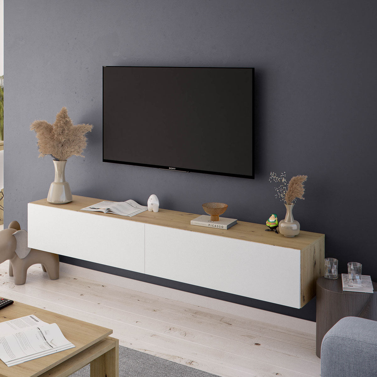 Mueble TV Kullila 160x35x40cm - Efecto Roble/Blanco, Con 2 Puertas Y Compartimento Abierto