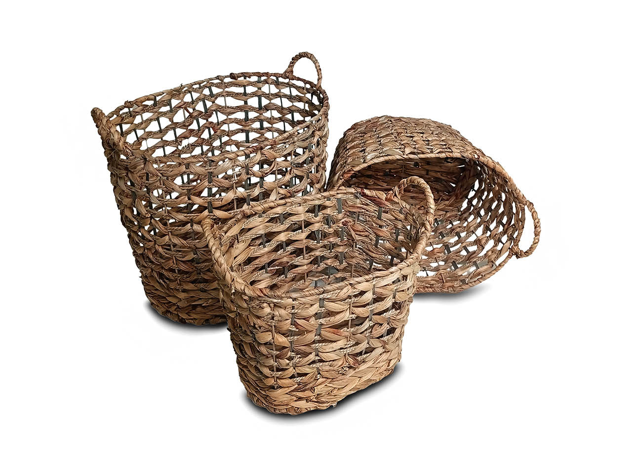 Set de 3 Cestas Redondas de Mimbre con Asas. Almacenamiento Decorativo