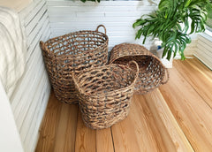 Set de 3 Cestas Redondas de Mimbre con Asas. Almacenamiento Decorativo