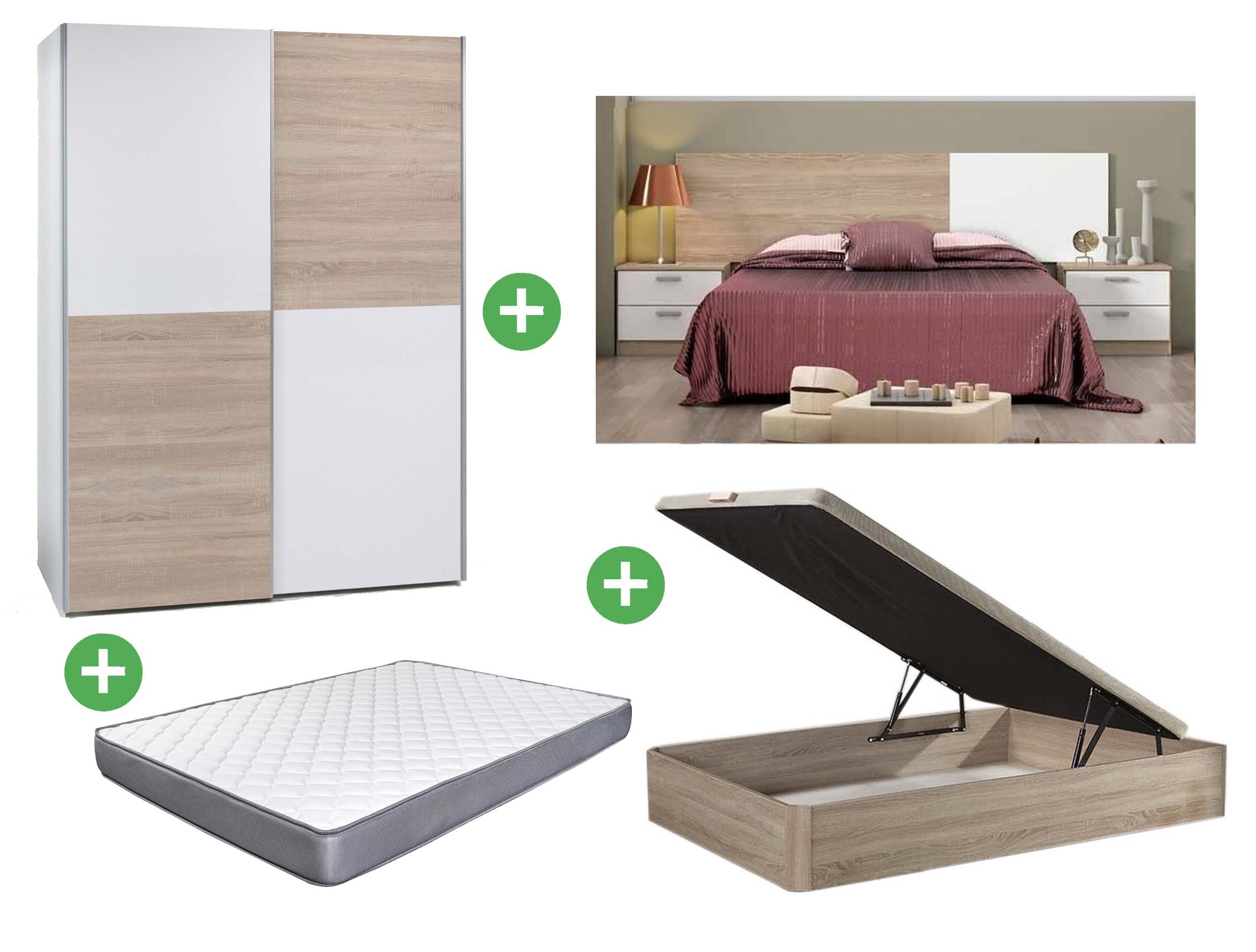 Pack Ahorro: Dormitorio Couple + Armario + Canape Abatible + Colchon Basic