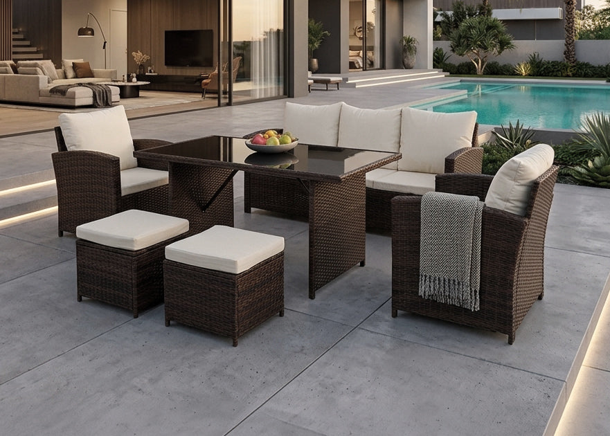Sofa + Mesa + 2 Sillones+ 2 pufs de Ratan PE. Muebles de Jardin y Terraza
