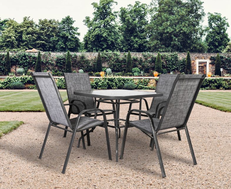 Mesa Cuadrada de Cristal Templado + 4 Sillas. Muebles de Jardin y Terraza