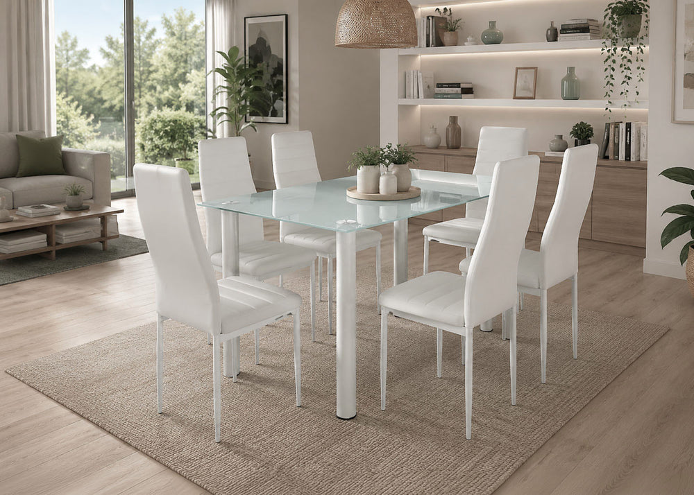 Mesa de Cristal Templado + 6 Sillas Polipiel. Comedor o Cocina