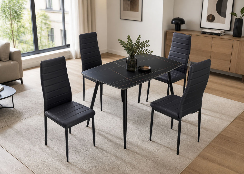 Mesa de Cristal Templado 120cm + 4 Sillas Polipiel. Comedor o Cocina