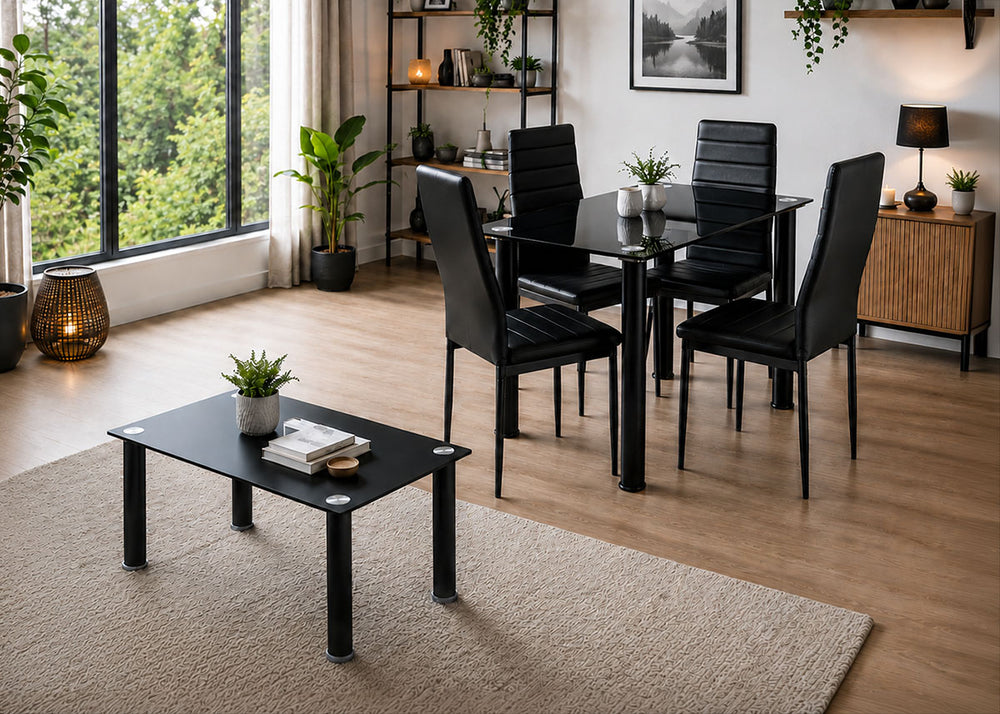Pack Elegance: Mesa de Cristal Templado + 4 Sillas Polipiel + Mesa de Centro de Cristal Templado
