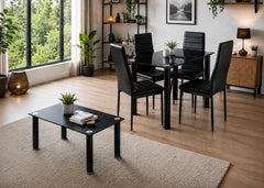 Pack Élégance : Table en Verre Trempé + 4 Chaises en Similicuir + Table Basse en Verre Trempé