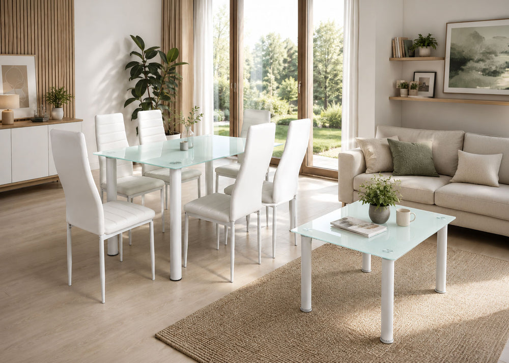 Pack Elegance: Mesa de Cristal Templado + 6 Sillas Polipiel + Mesa de Centro de Cristal Templado