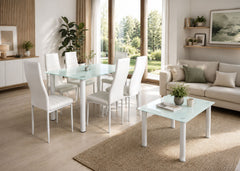 Pack Elegance: Mesa de Cristal Templado + 6 Sillas Polipiel + Mesa de Centro de Cristal Templado