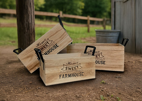 Set de 3 Cajas Estilo Madera Rectangular. Almacenaje Decorativo