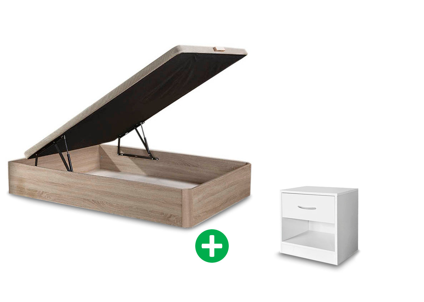 Pack Cama Canape Abatible + Mesita de Noche 1 Cajon Blanco