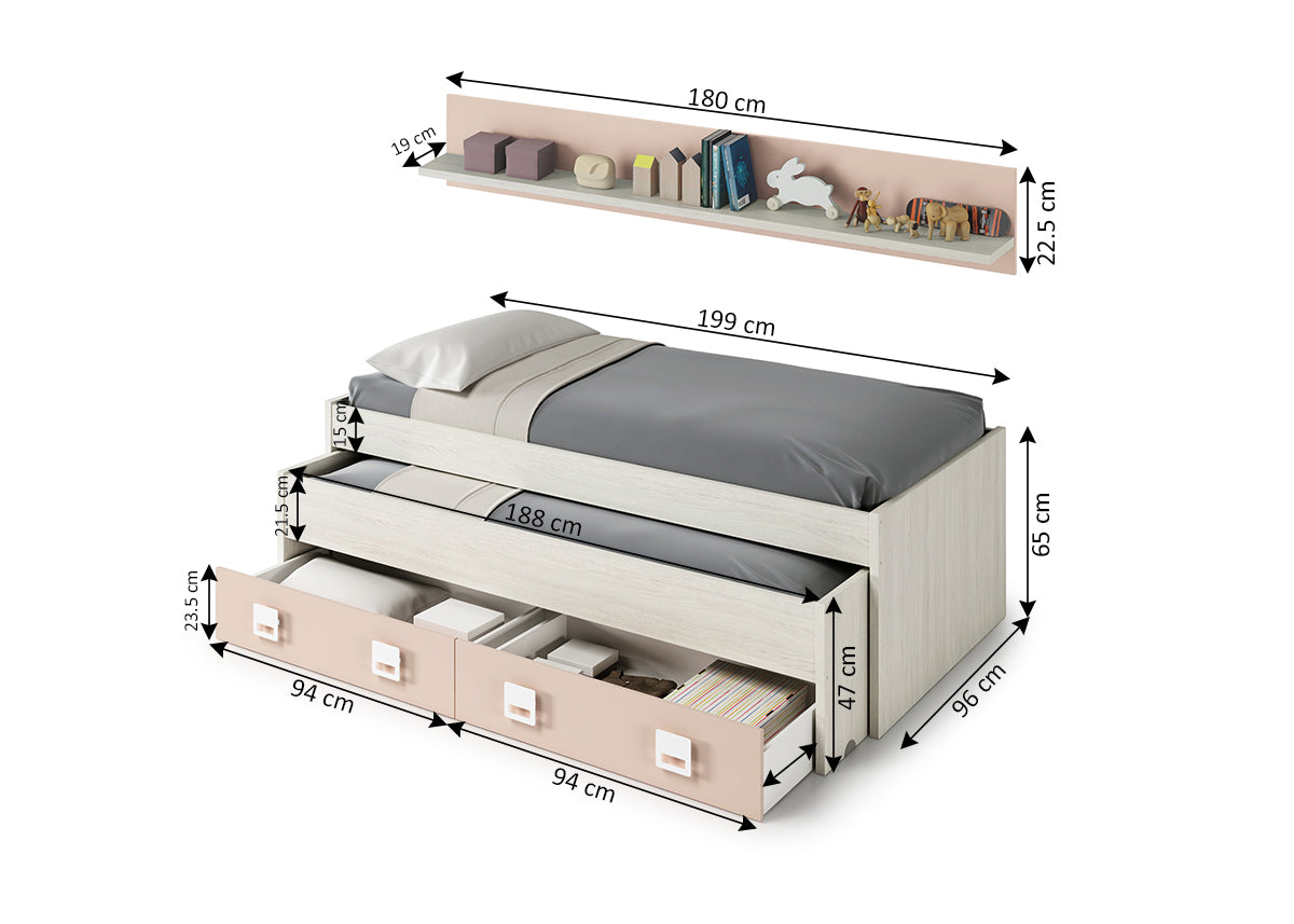 Cama Nido Juvenil Nube con Estante + 2 Cajones