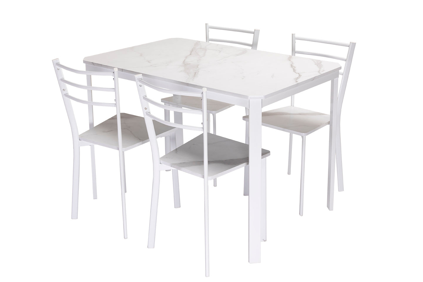 Conjunto de Mesa y 4 Sillas, Diseño Marmol Blanco y Metal. Comedor o Cocina