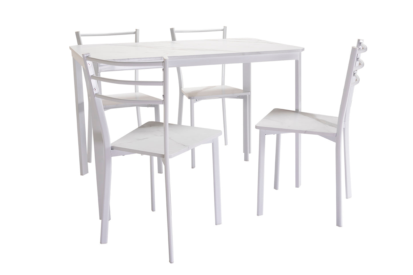 Conjunto de Mesa y 4 Sillas, Diseño Marmol Blanco y Metal. Comedor o Cocina