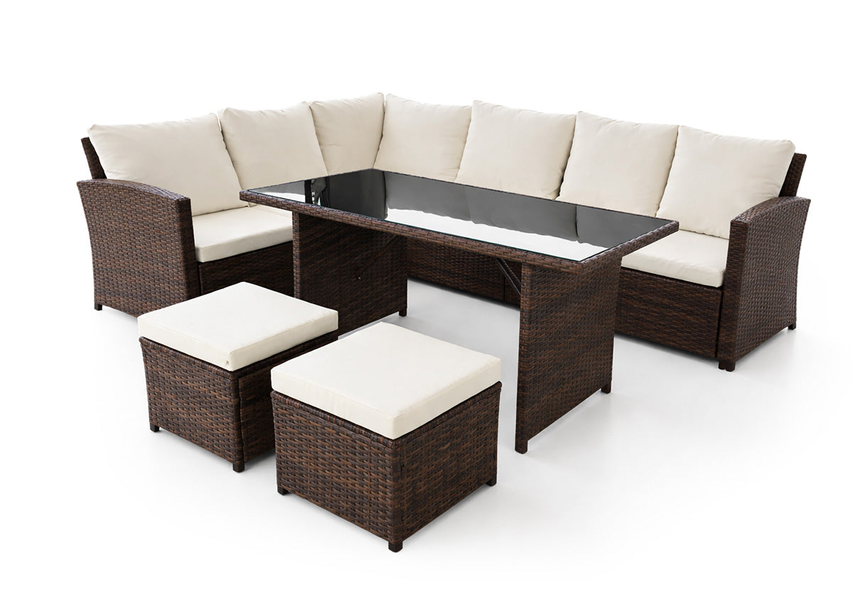 Sofa Rinconera + Mesa + 2 puffs de Ratan PE. Muebles de Jardin y Terraza