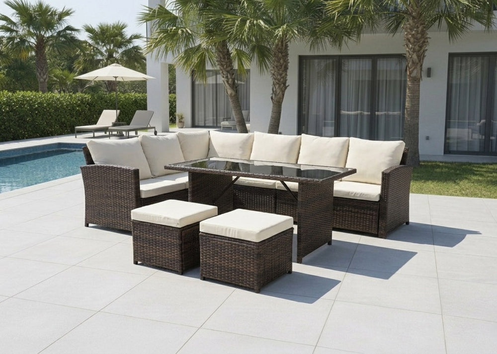 Sofa Rinconera + Mesa + 2 puffs de Ratan PE. Muebles de Jardin y Terraza