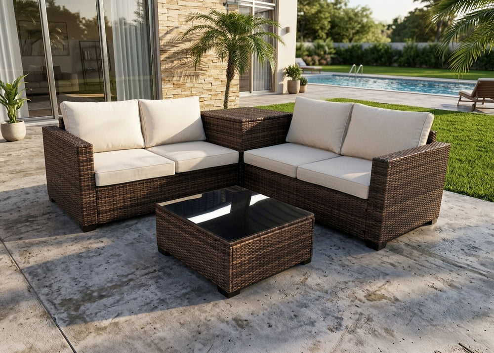 Sofa Rinconera + Mesa + Baul en Ratan PE. Muebles de Jardin y Terraza