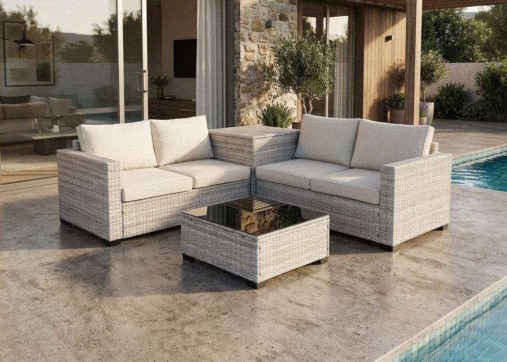 Sofa Rinconera + Baul + Mesa en Ratan PE. Muebles de Jardin y Terraza