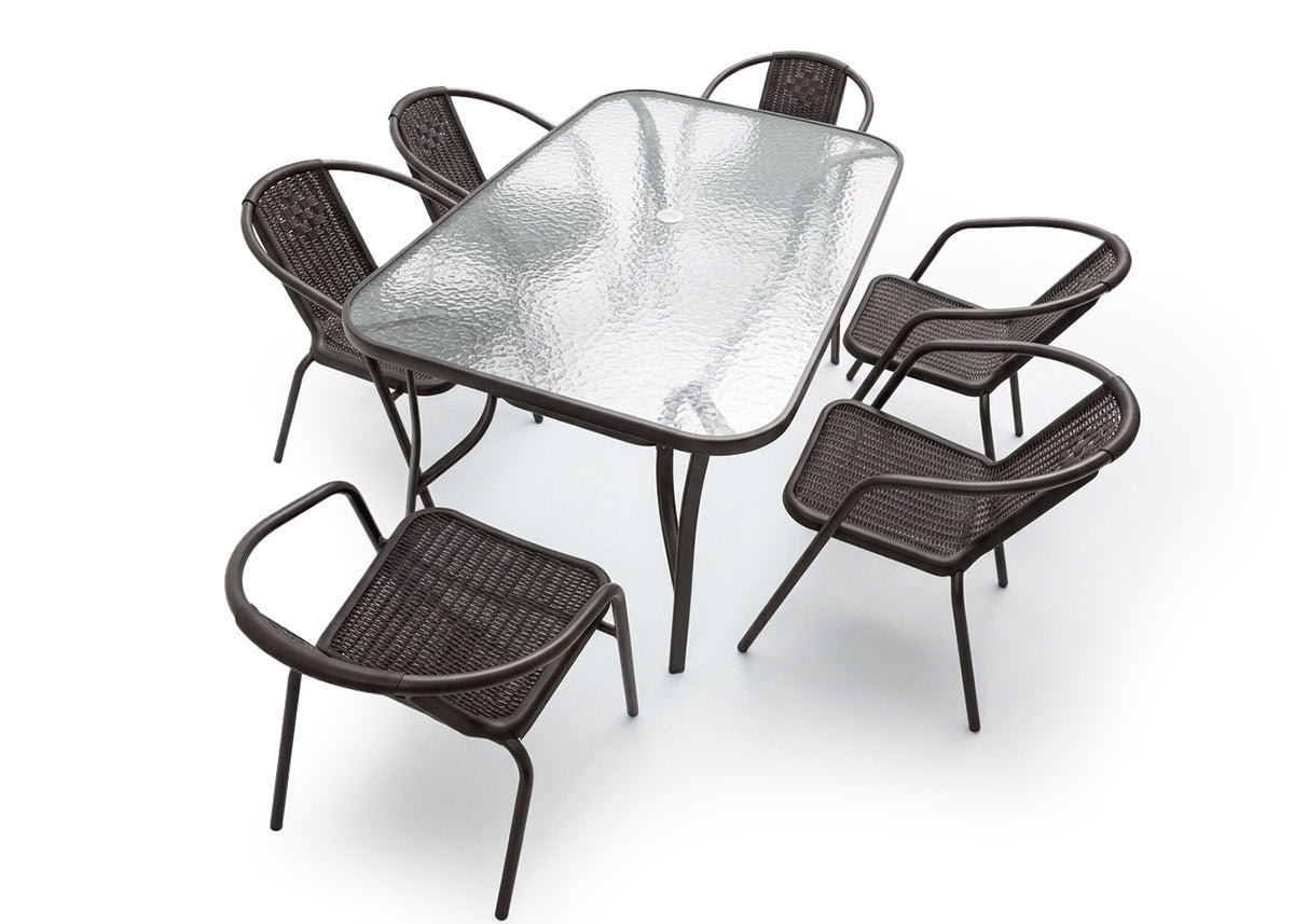 Mesa de Cristal Templado Portofino + 6 Sillas. Muebles de Jardin y Terraza