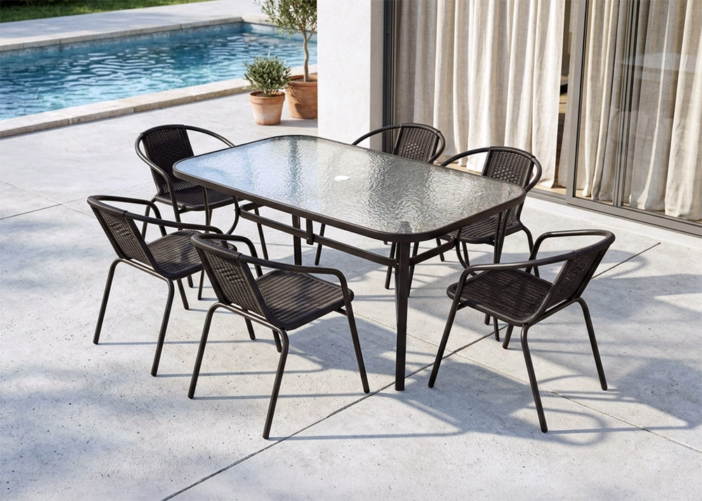 Mesa de Cristal Templado Portofino + 6 Sillas. Muebles de Jardin y Terraza