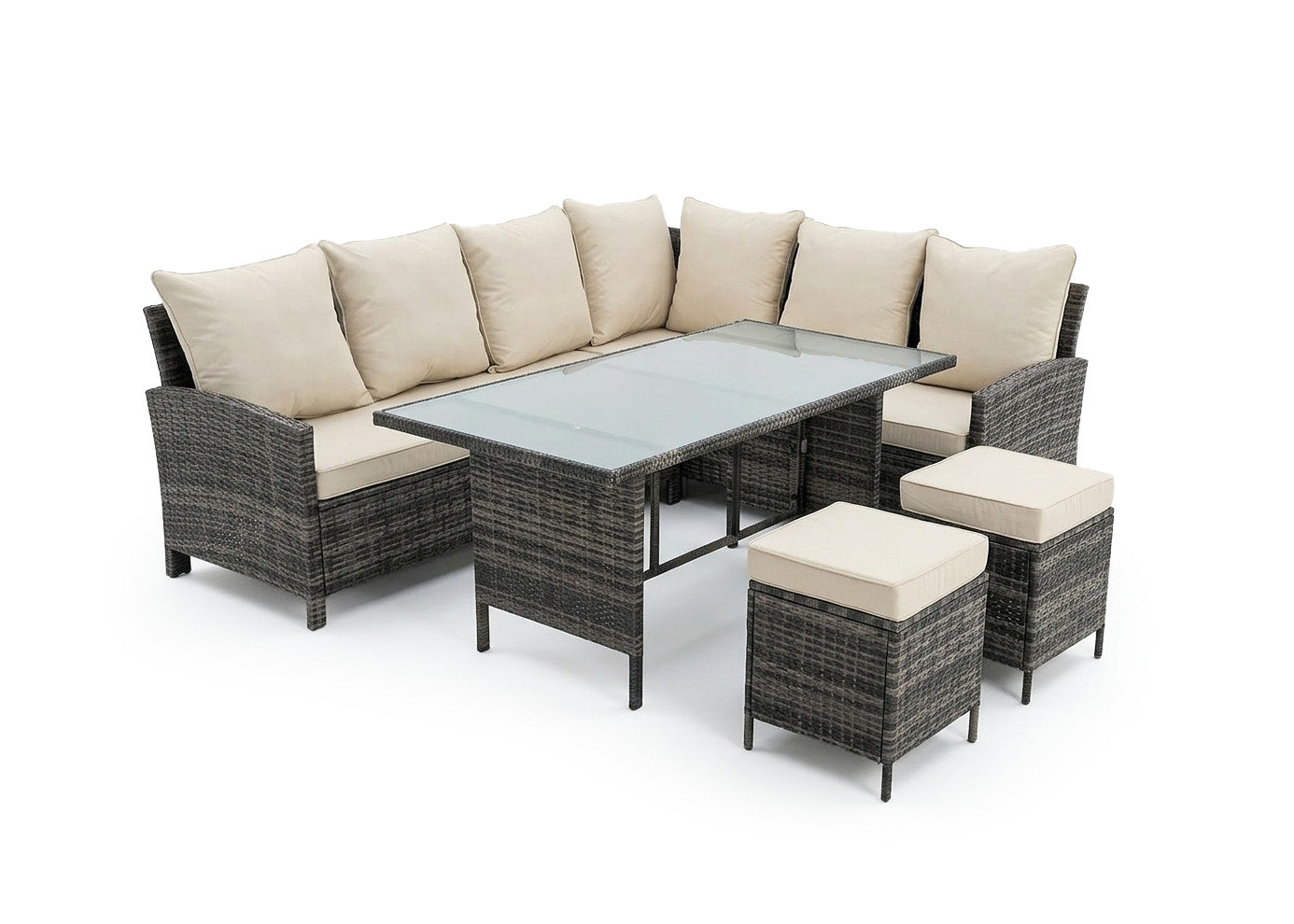 Sofa Rinconera 7 Plazas + Mesa + 2 pufs en Ratan PE. Muebles de Jardin y Terraza