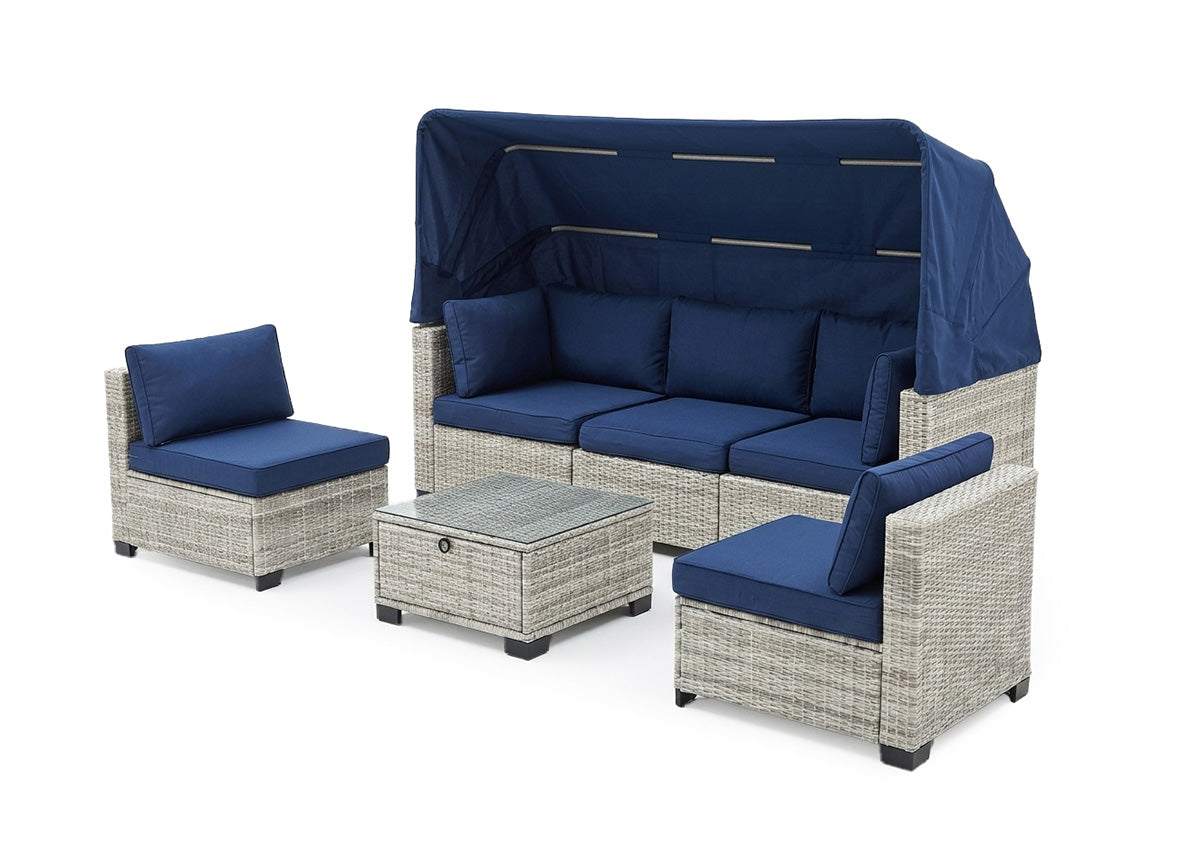 Sofa con Dosel + 2 Sillones + Mesa en Ratan PE Erommy. Muebles de Jardin y Terraza