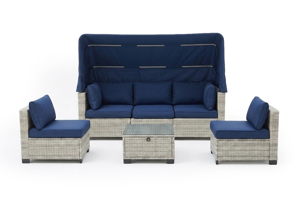 Sofa con Dosel + 2 Sillones + Mesa en Ratan PE Erommy. Muebles de Jardin y Terraza