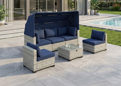 Sofa con Dosel + 2 Sillones + Mesa en Ratan PE Erommy. Muebles de Jardin y Terraza