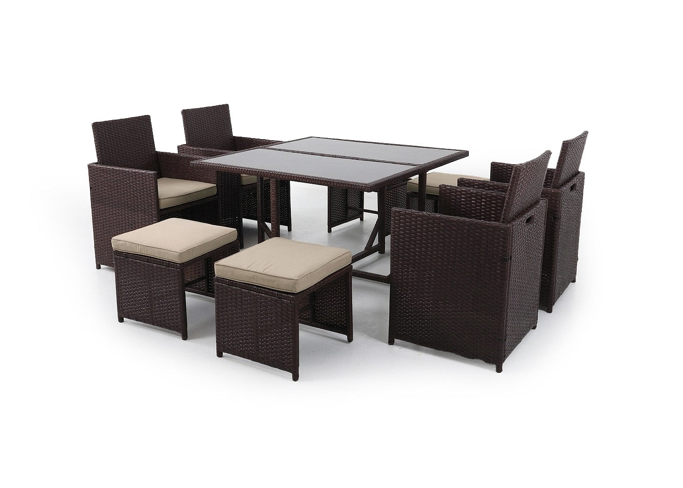 Conjunto Mesa + 4 Sillas + 4 pufs en Ratan PE. Muebles de Jardin y Terraza