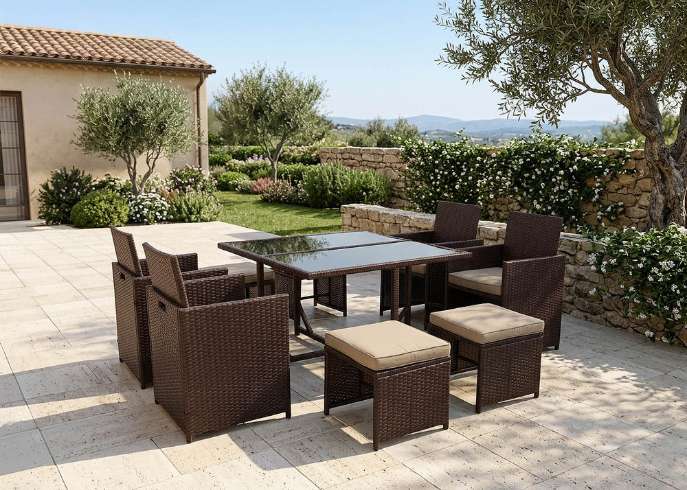 Conjunto Mesa + 4 Sillas + 4 pufs en Ratan PE. Muebles de Jardin y Terraza