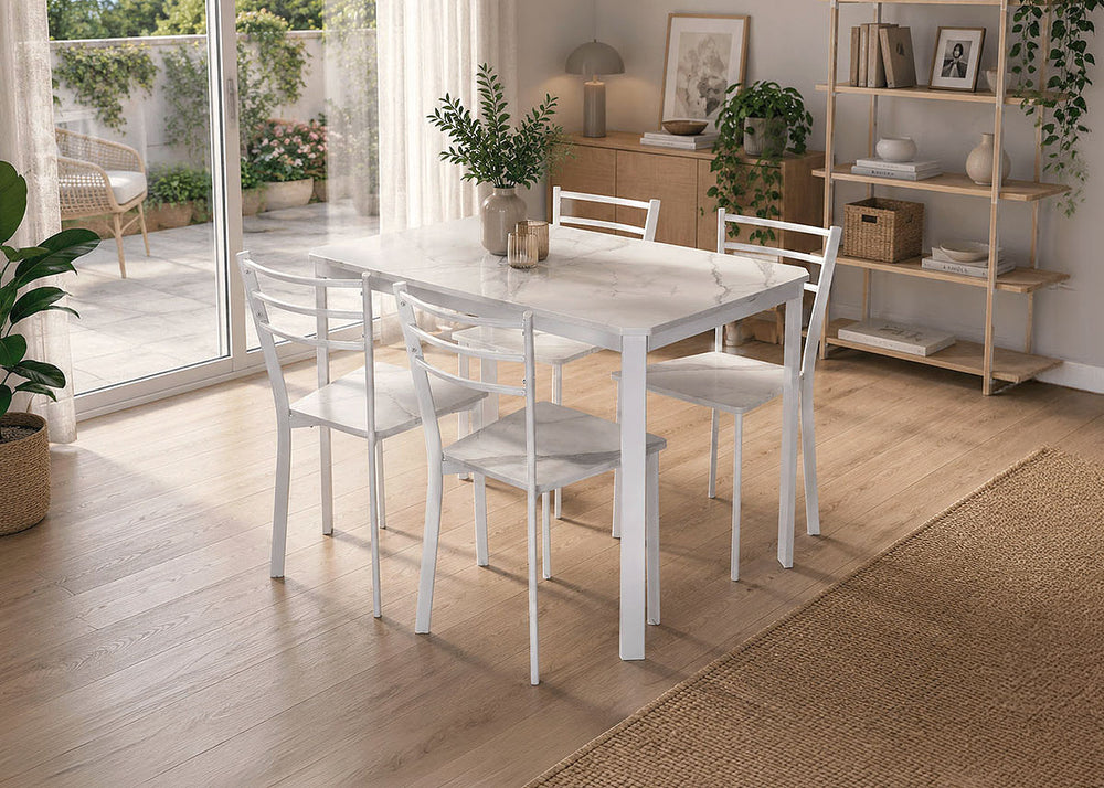 Conjunto de Mesa y 4 Sillas, Efecto Marmol Blanco y Metal. Comedor o Cocina