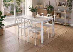Conjunto de Mesa e 4 Cadeiras, Efeito Mármore Branco e Metal. Sala de Jantar ou Cozinha