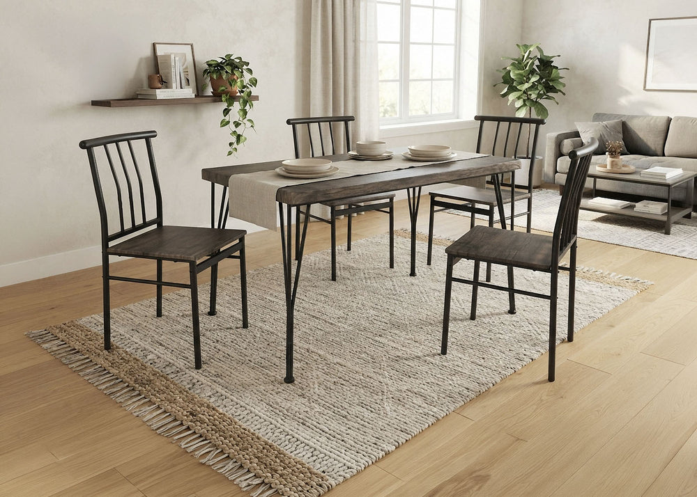 Conjunto de Mesa y 4 Sillas, Efecto Madera y Metal. Comedor o Cocina