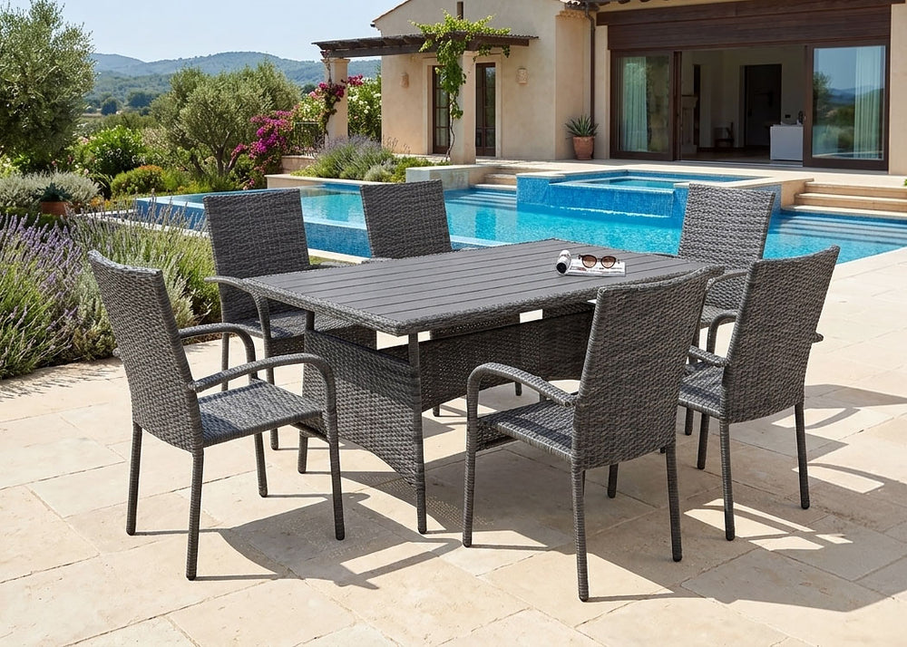 Mesa de Comedor + 6 Sillas en Ratan PE. Muebles de Jardin y Terraza