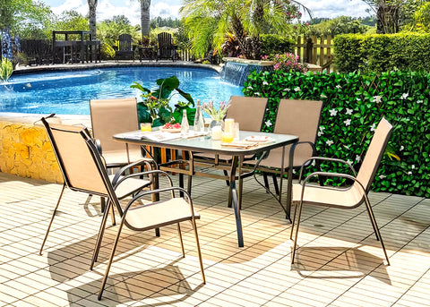 Mesa de Cristal Templado HC + 6 Sillas. Muebles de Jardin y Terraza