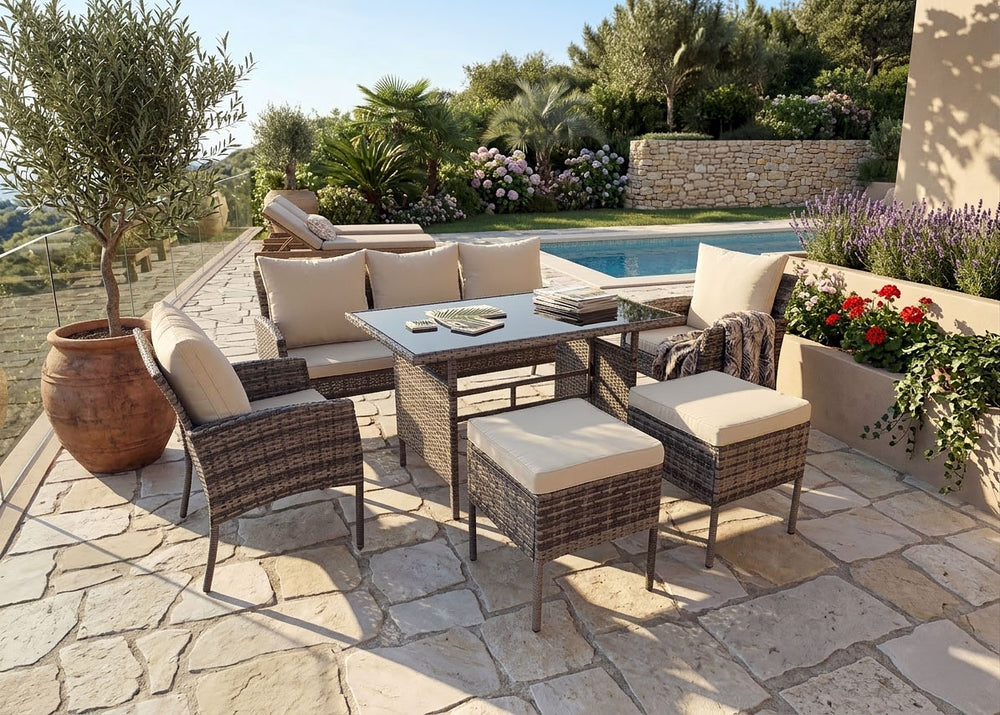 Sofá + 2 Cadeiras + Mesa + 2 Pufes em Rattan PE. Mobiliário de Jardim e Terraço