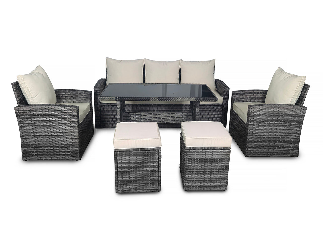 Sofa 3 Plazas + 2 Sofas + Mesa + 2 pufs en Ratan PE. Muebles de Jardin y Terraza