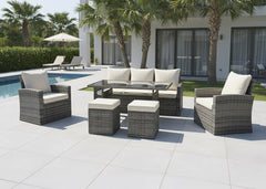 Sofa 3 Plazas + 2 Sofas + Mesa + 2 pufs en Ratan PE. Muebles de Jardin y Terraza