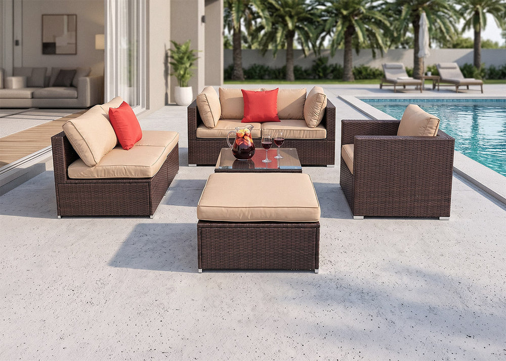 Conjunto de Exterior Karl en Ratan PE, 7 piezas. Muebles de Jardin y Terraza
