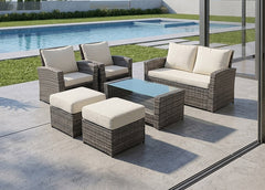 Sofa + 2 Sillones + 2 pufs + Mesa de Centro en Ratan PE. Muebles de Jardin y Terraza