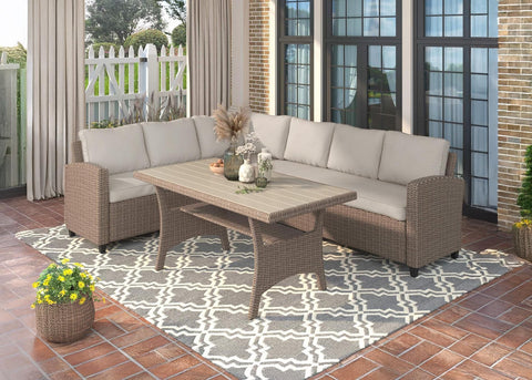Sofa Rinconera + Mesa de Ratan PE Marron. Muebles de Jardin y Terraza