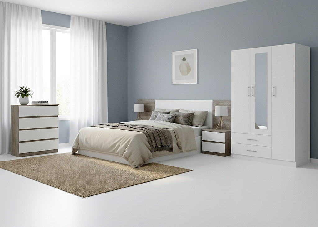 Dormitorio Completo: Armario 3 Puertas + Comoda + 2 Mesitas de Noche + Cabecero