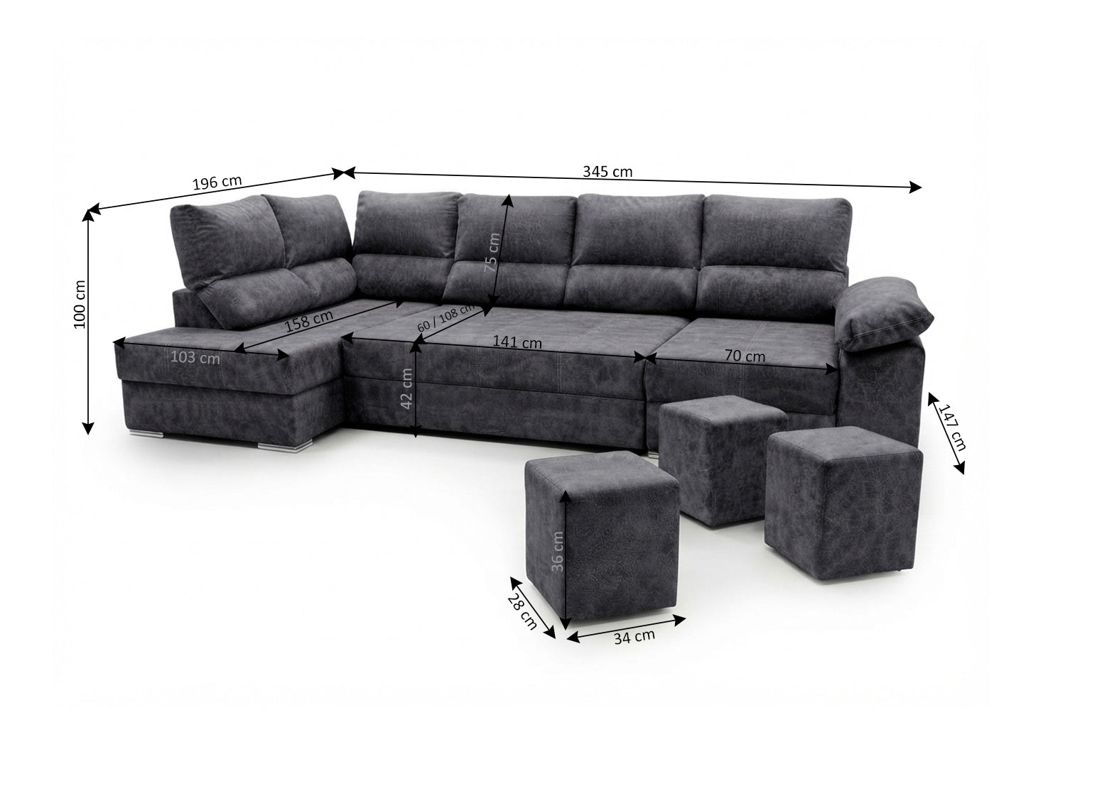 Mega Sofa Cama Rinconera Chaise Longue Sicilia 345cm Gris Oscuro