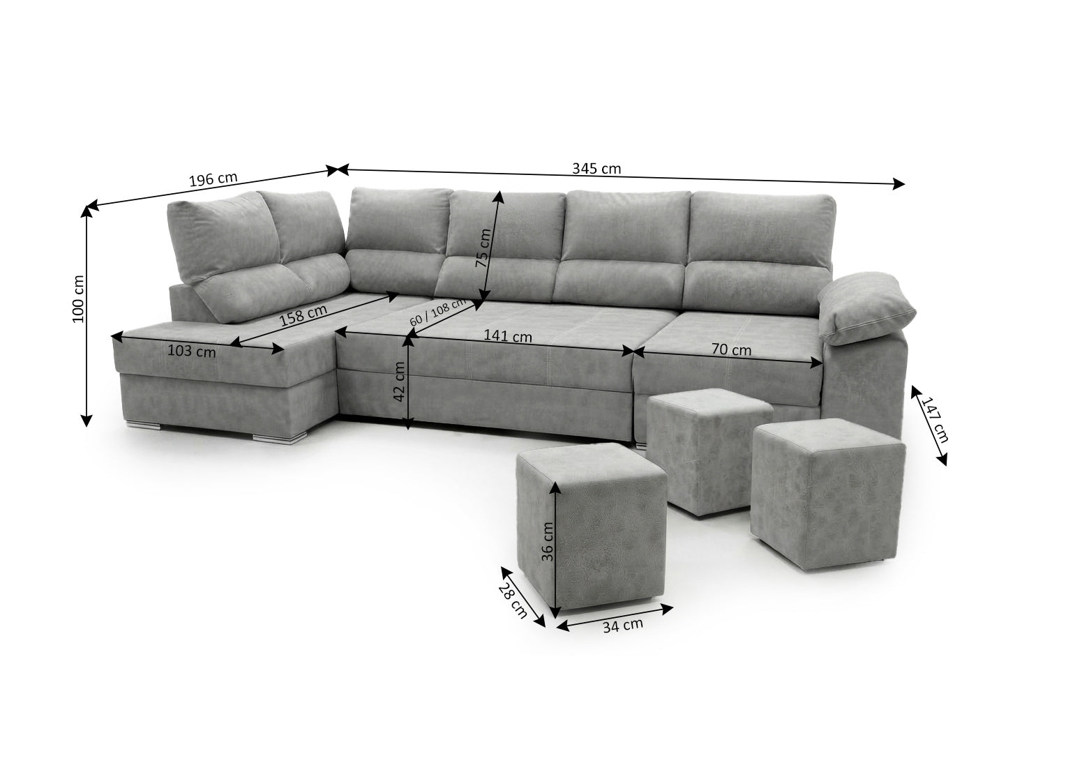 Mega Sofa Cama Chaise Longue Rinconera Sicilia 345cm Gris