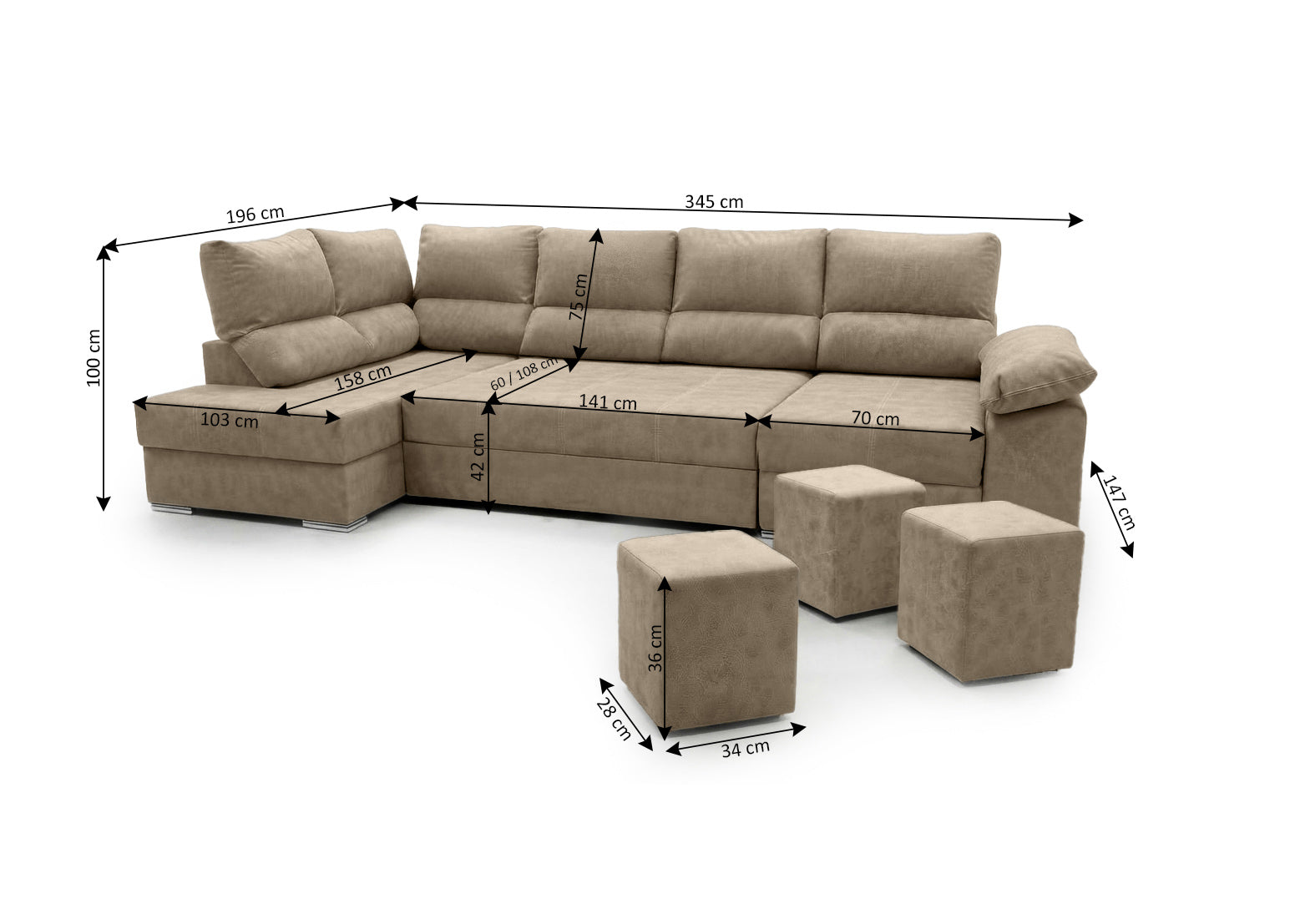 Mega Sofa Cama Chaise Longue Rinconera Sicilia 345cm Marron