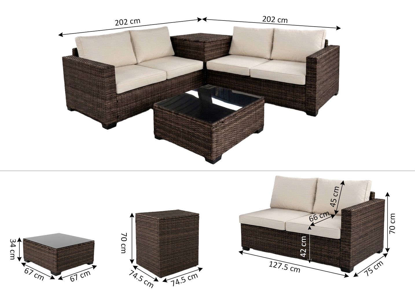 Sofa Rinconera + Mesa + Baul en Ratan PE. Muebles de Jardin y Terraza
