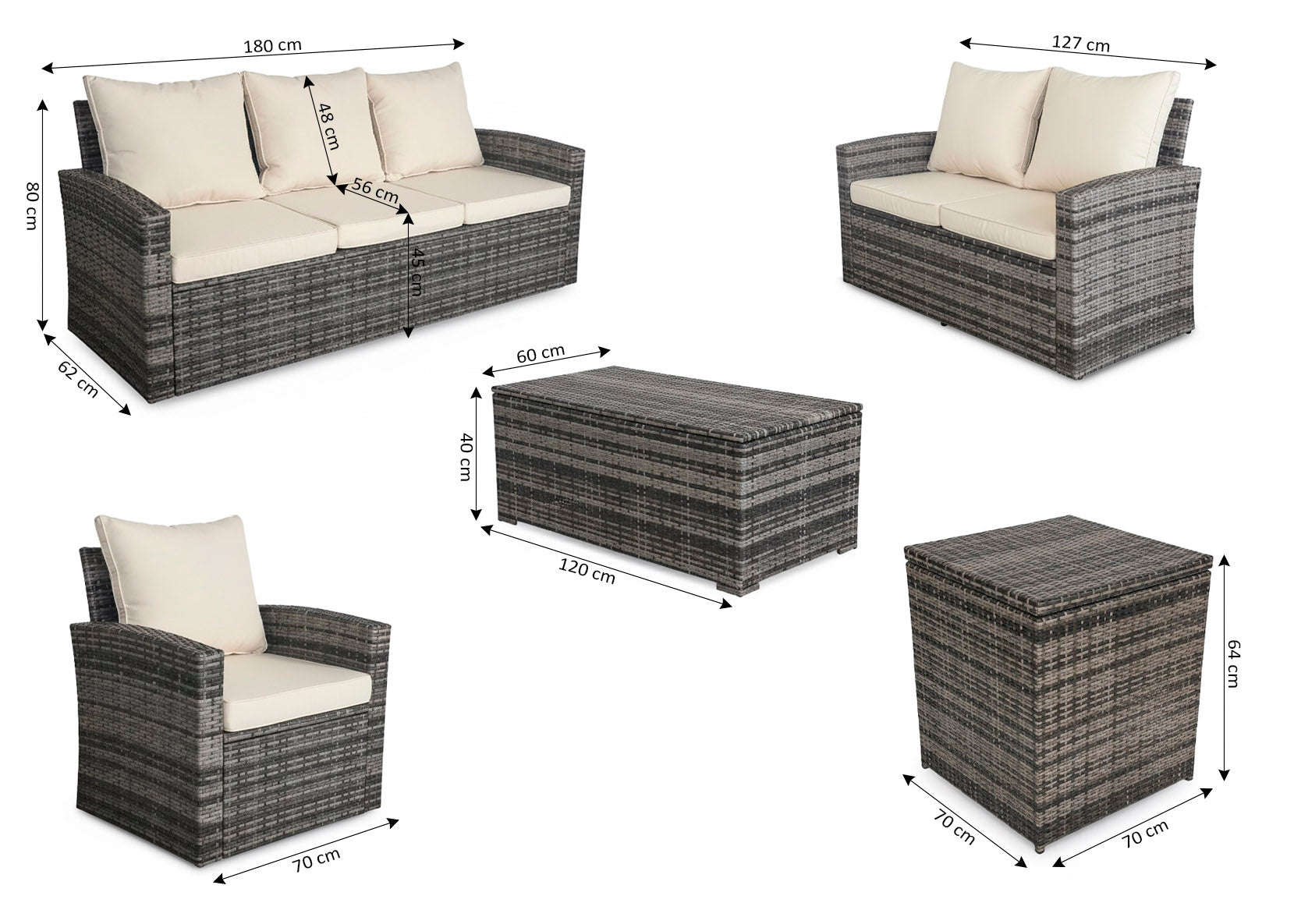 Conjunto de Sofas + 2 Sillones + Mesa + Baul en Ratan PE. Muebles de Jardin y Terraza