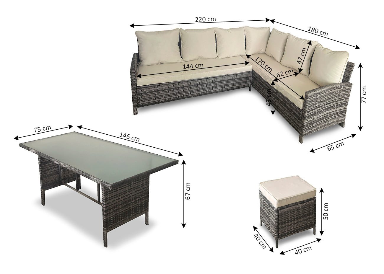 Sofa Rinconera 7 Plazas + Mesa + 2 pufs en Ratan PE. Muebles de Jardin y Terraza