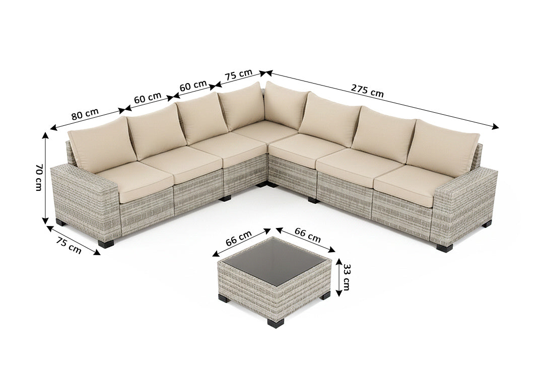 Sofa de Exterior Lazaro en Ratan PE, 7 piezas. Muebles de Jardin y Terraza