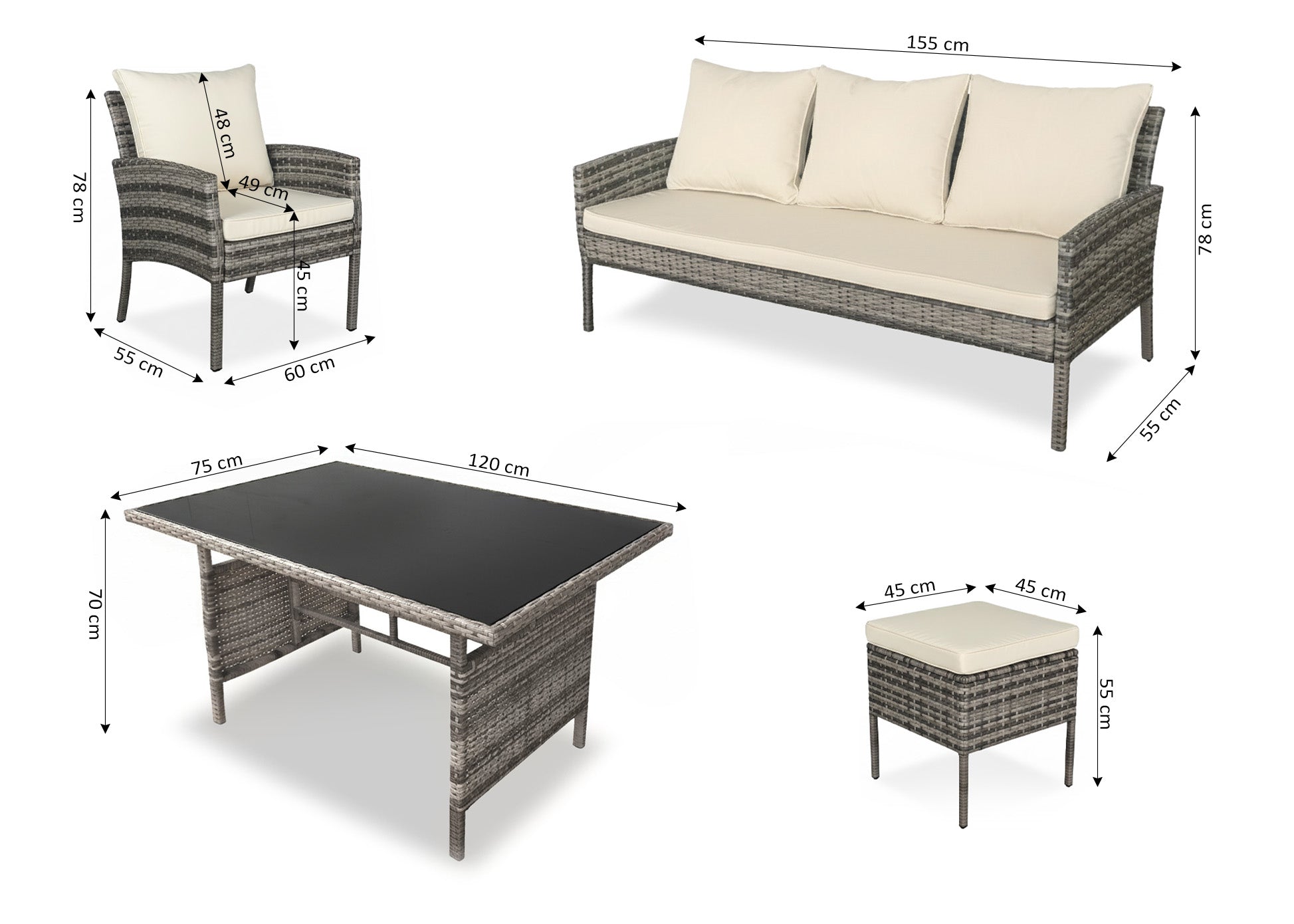 Sofá + 2 Cadeiras + Mesa + 2 Pufes em Rattan PE. Mobiliário de Jardim e Terraço