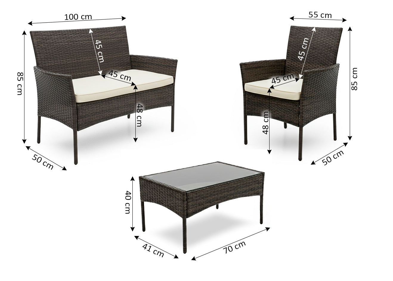 Conjunto Sofa + 2 Sillas + Mesa en Ratan PE. Muebles de Jardin y Terraza